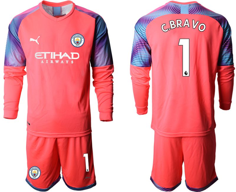 Men 2019-2020 club Manchester City pink goalkeeper long sleeve #1 Soccer Jerseys->manchester city jersey->Soccer Club Jersey